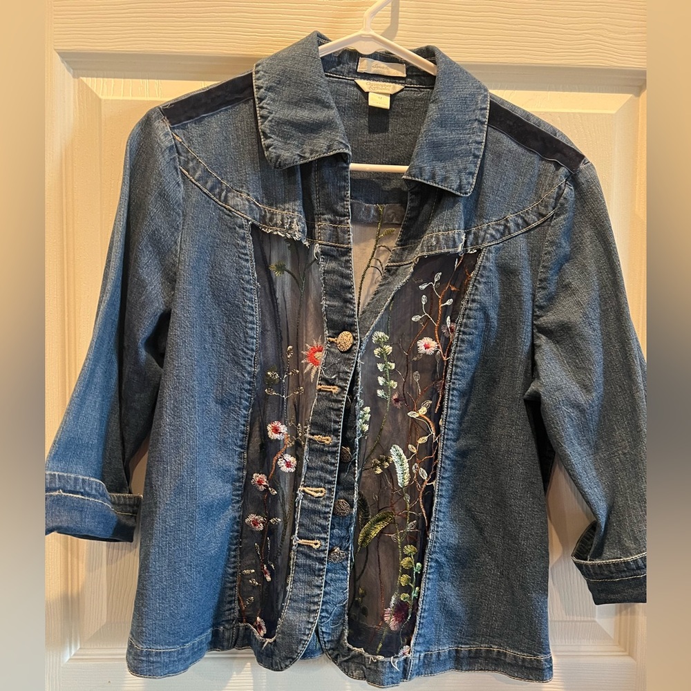 Boho size Med Sheer Denim Jacket beautifully embroidered lace